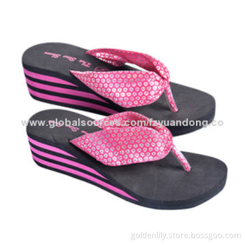 Ladies' EVA Flip-flops with Silk Upper, Soft Wear, High Heel, with Combined Color
